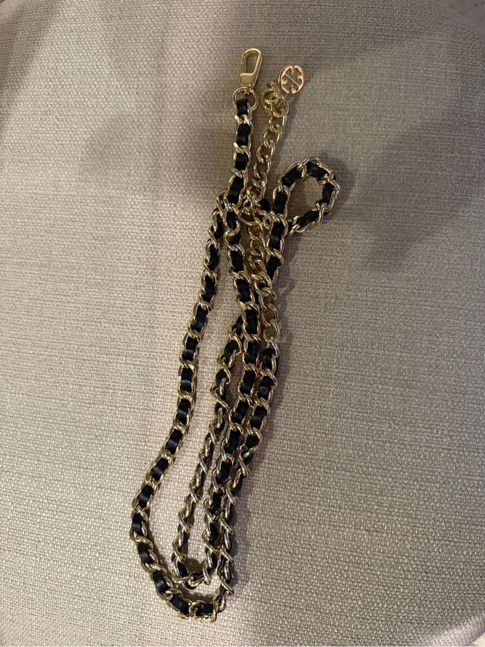 Tory Burch Gold Chain Waist Belt with Black Leather Weave